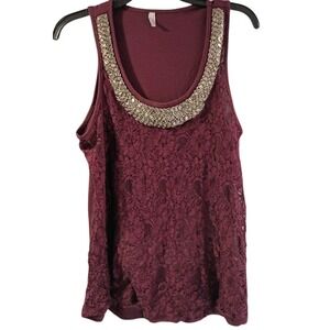 EUC Sheer Burgundy Purple Vanity Sleeveless Women's Top Size Large Sequin Neck